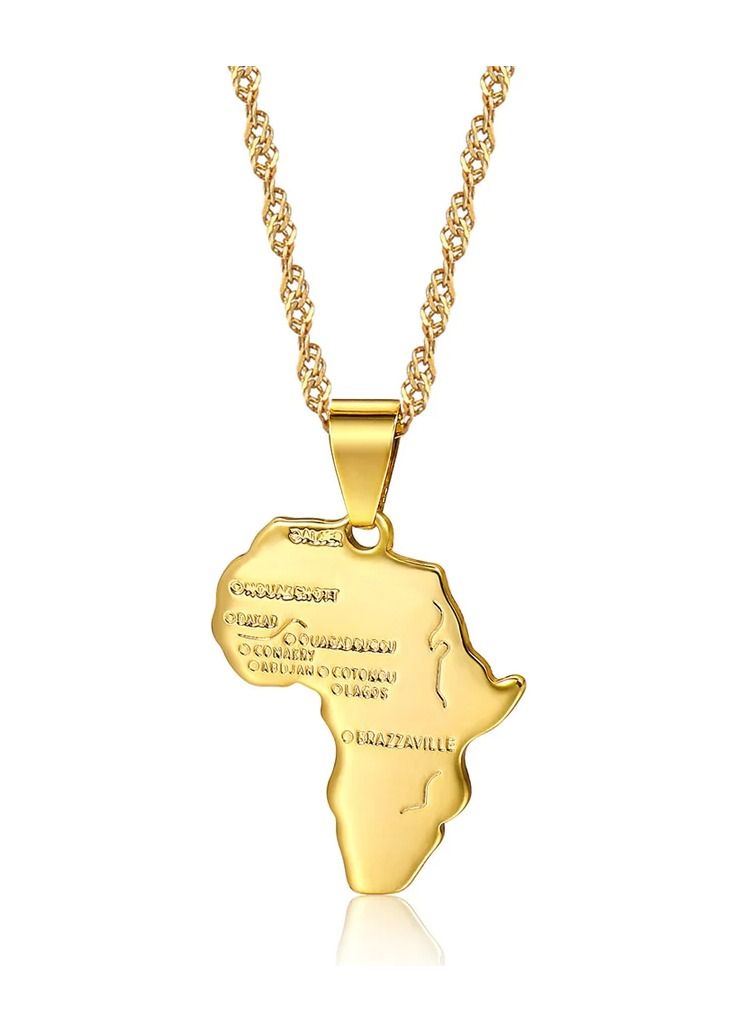 Africa Map Pendant and Letter Carved Design Map of Africa Shaped 18k Gold Plated Necklace, African gift for her, UNISEX African Pendant Gift - Image 1