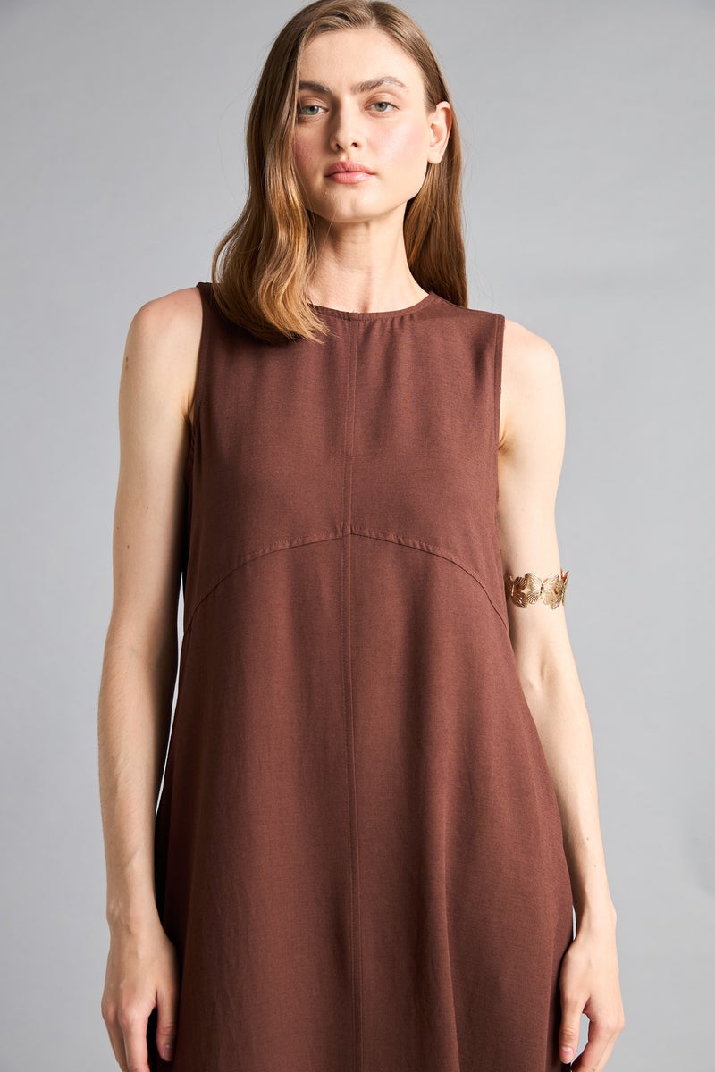 DeFacto Brown Woman Crew Neck Linen Blended Sleeveless Maxi Dress Casual - Image 3