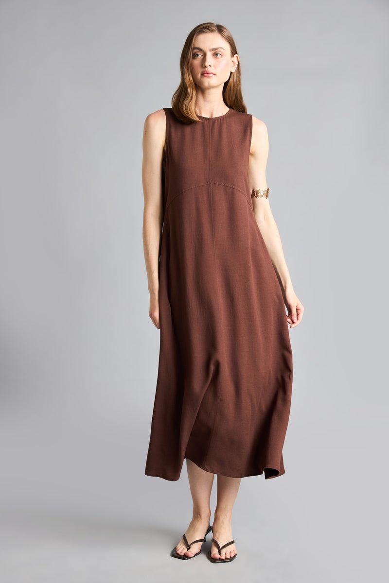 DeFacto Brown Woman Crew Neck Linen Blended Sleeveless Maxi Dress Casual - Image 2