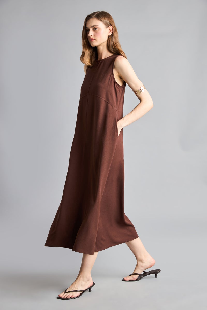 DeFacto Brown Woman Crew Neck Linen Blended Sleeveless Maxi Dress Casual - Image 1