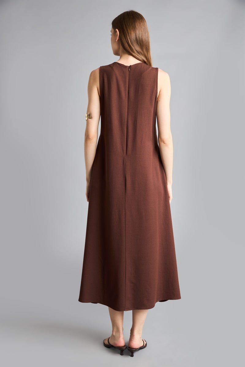 DeFacto Brown Woman Crew Neck Linen Blended Sleeveless Maxi Dress Casual - Image 5