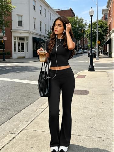 COPYLEAF Two Piece Lounge Sets for Women Fold Over Flare Pants Short Sleeve Crop Top Y2k Outfits Matching Set Tracksuit(Black XS) - Image 2