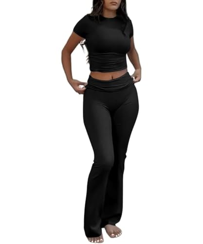 COPYLEAF Two Piece Lounge Sets for Women Fold Over Flare Pants Short Sleeve Crop Top Y2k Outfits Matching Set Tracksuit(Black XS) - Image 1