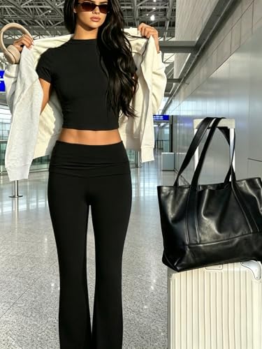 COPYLEAF Two Piece Lounge Sets for Women Fold Over Flare Pants Short Sleeve Crop Top Y2k Outfits Matching Set Tracksuit(Black XS) - Image 5