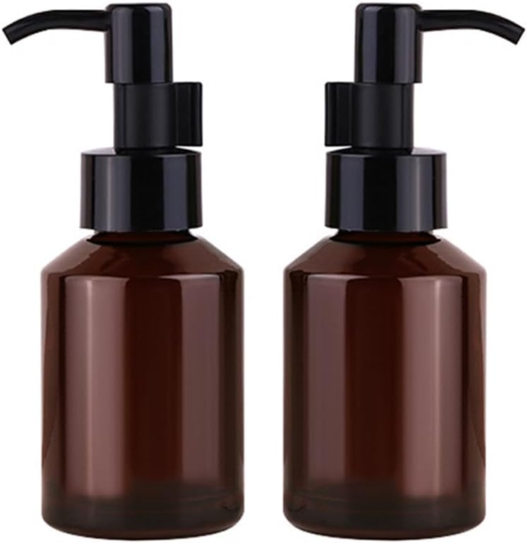 Elandy زجاجات مضخة لوشن فارغة داكنة بنية 60 مل/2 أونصة (عدد 2) مع غطاء مضخة سوداء قابلة لإعادة التعبئة لموزع الزيوت الأساسية، زجاجات عينة، حاوية تجميل للسفر لكريمات الإيسنس