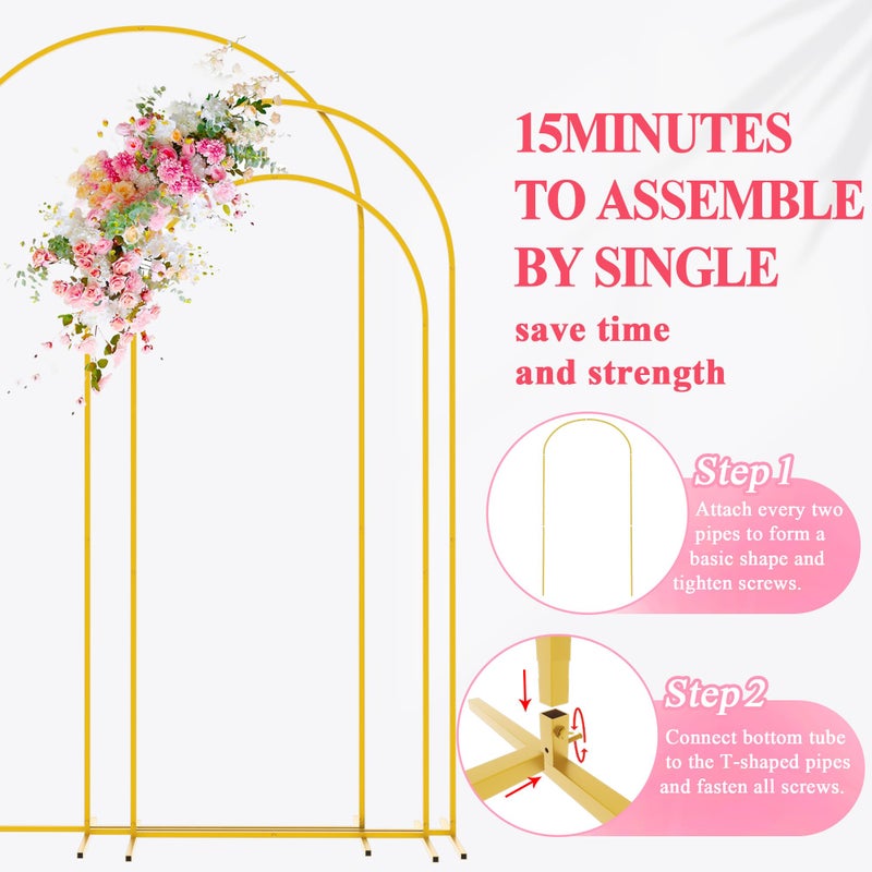 aseem Asee'm Metal Arch Backdrop Stand Set of 3 (7.2FT, 6.6FT, 6FT) Gold Arched Frame for Wedding Ceremony Parties Birthday Baby Shower Garden Balloon Decoration - Image 4