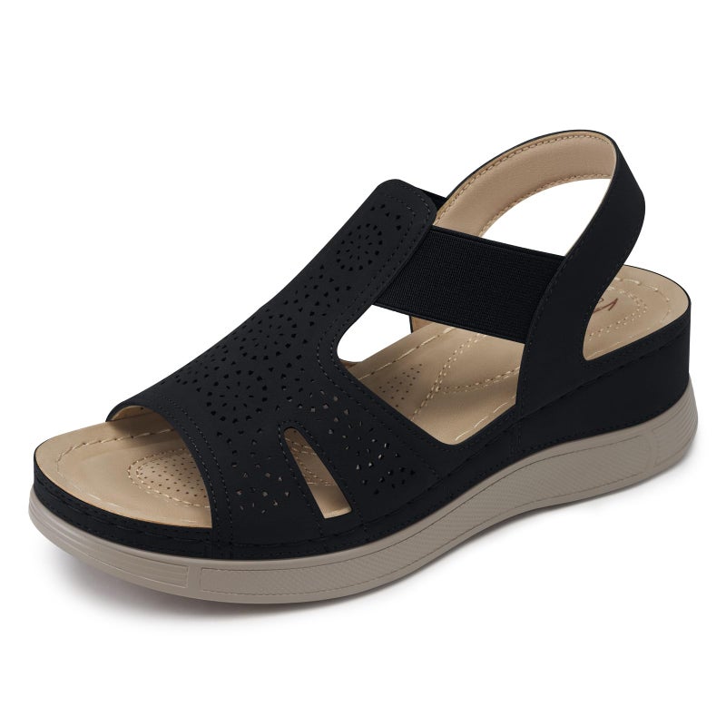 SHIBEVER Black Wedge Sandals Women Comfortable: Sandals for Women 2026 Dressy Summer Ankle Strap Open Toe Low Heel Platform Wedges Shoes Size 8 - Image 1