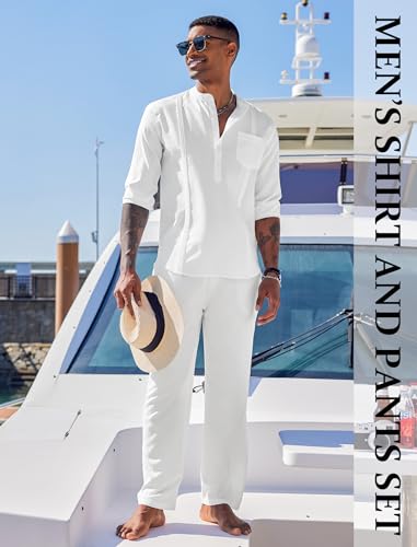 COOFANDY Men's White Linen Pants and Shirt Set Casual Beach Yoga Outfits 2 Piece Cotton Linen Henley Shirts Loose Pants Sets - Image 3