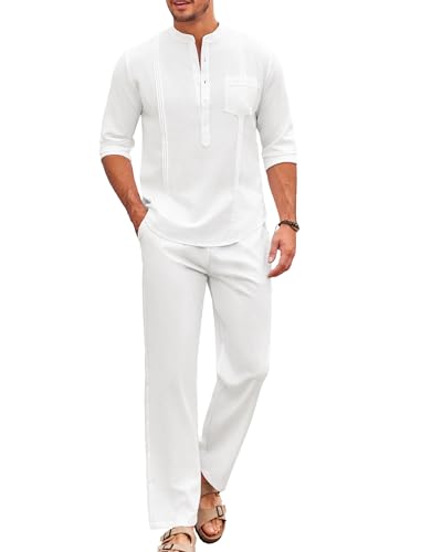 COOFANDY Men's White Linen Pants and Shirt Set Casual Beach Yoga Outfits 2 Piece Cotton Linen Henley Shirts Loose Pants Sets - Image 1