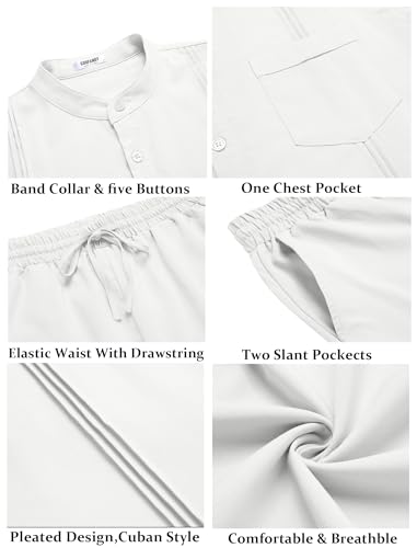 COOFANDY Men's White Linen Pants and Shirt Set Casual Beach Yoga Outfits 2 Piece Cotton Linen Henley Shirts Loose Pants Sets - Image 5