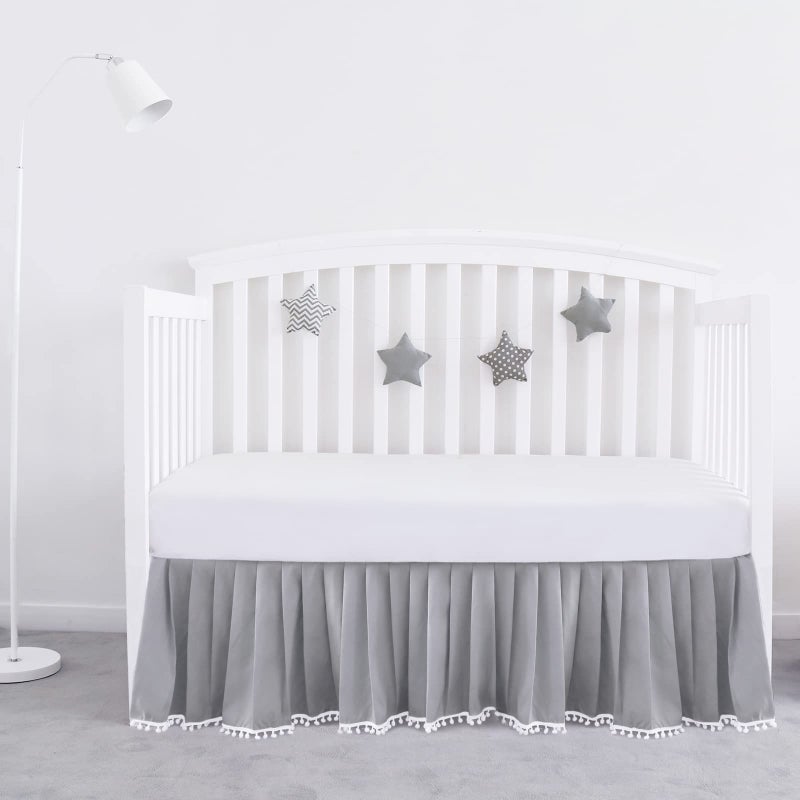Biloban Crib Bed Skirt Grey Pleated with White Lovely Pompoms Bedding Dust Ruffle for Boys 14 Drop Fit All Standard Crib Bed Machine Wahable Crib Skirt - Image 2