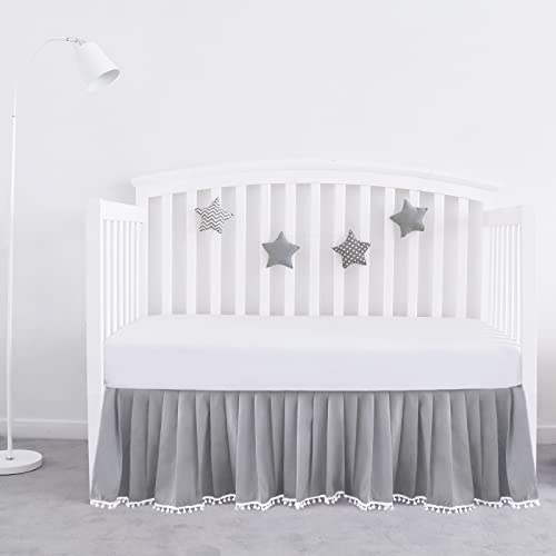 Biloban Crib Bed Skirt Grey Pleated with White Lovely Pompoms Bedding Dust Ruffle for Boys 14 Drop Fit All Standard Crib Bed Machine Wahable Crib Skirt - Image 1