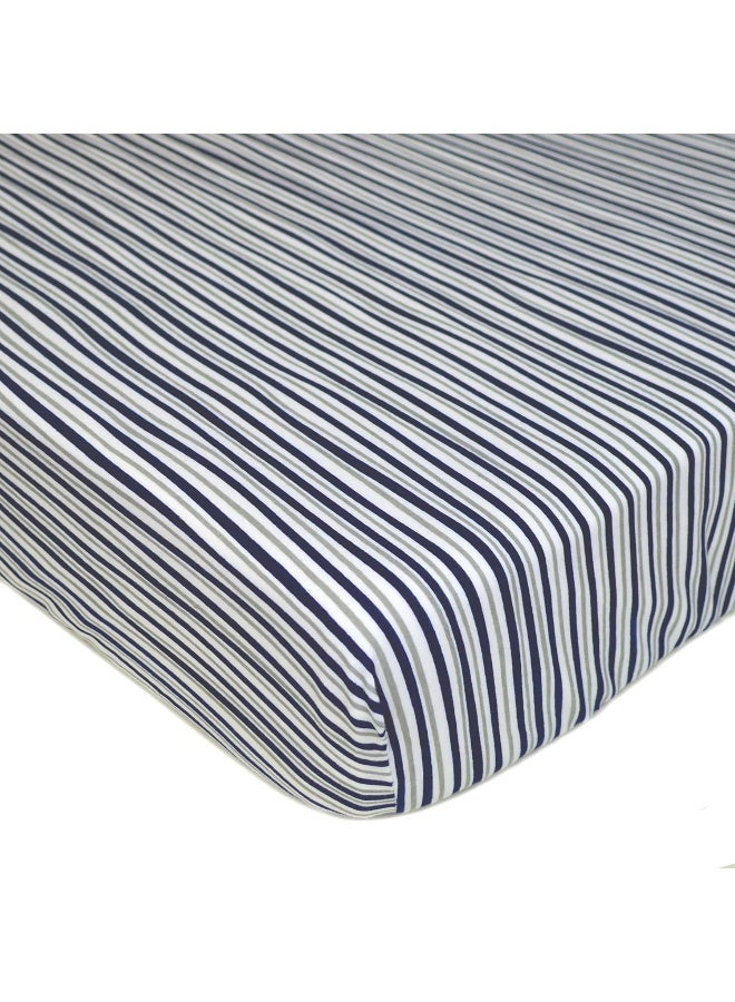 American Baby Company American Baby Company 2 Pack Printed 100% Cotton Jersey Knit Fitted Crib Sheet for Standard Crib and Toddler Mattresses, Navy/Grey Sports Stripes, for Boys and Girls  - Image 4