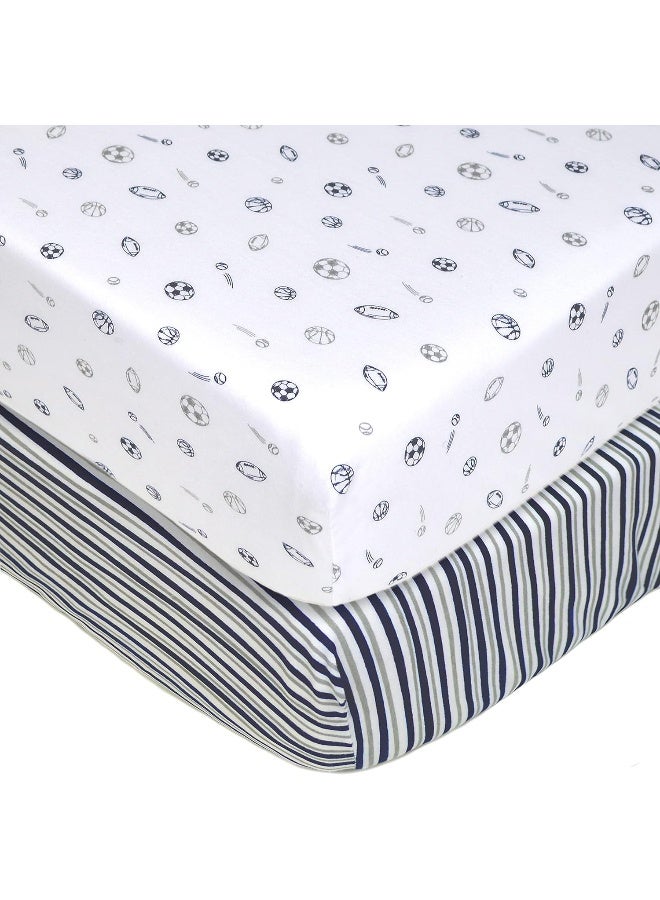 American Baby Company American Baby Company 2 Pack Printed 100% Cotton Jersey Knit Fitted Crib Sheet for Standard Crib and Toddler Mattresses, Navy/Grey Sports Stripes, for Boys and Girls  - Image 1