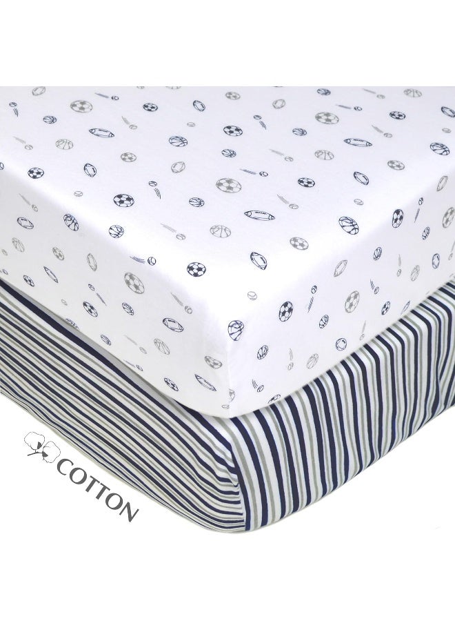 American Baby Company American Baby Company 2 Pack Printed 100% Cotton Jersey Knit Fitted Crib Sheet for Standard Crib and Toddler Mattresses, Navy/Grey Sports Stripes, for Boys and Girls  - Image 2