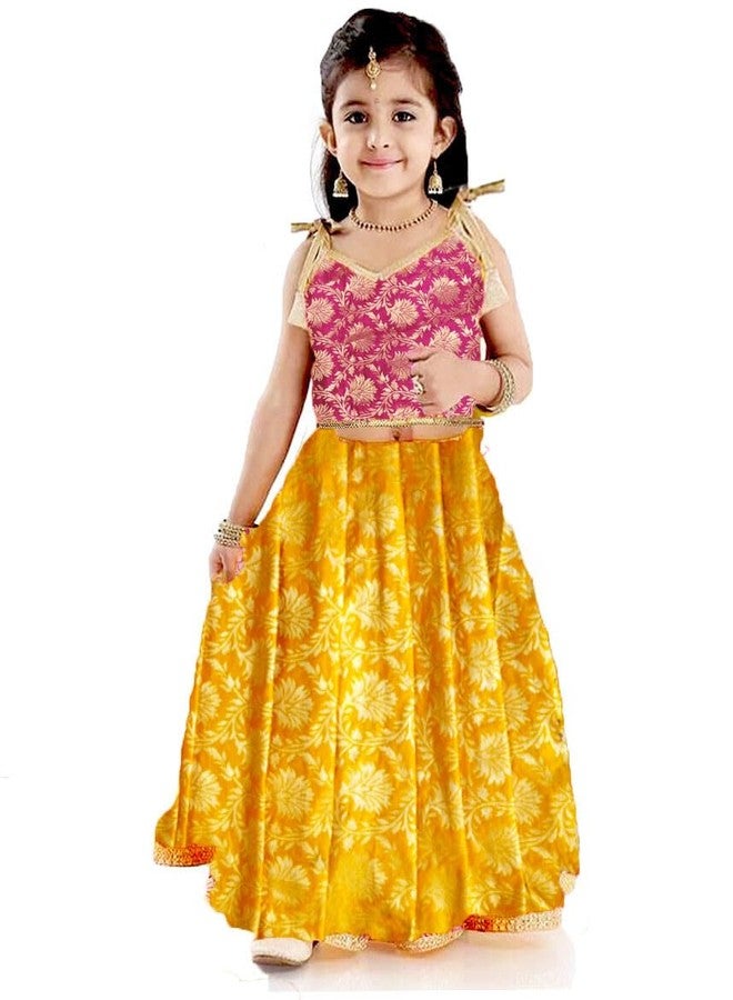 HIBA CREATIONS Baby girl Yellow color banarasi lehenga with heartshape pink choli for diwali 6-7 Years - Image 1