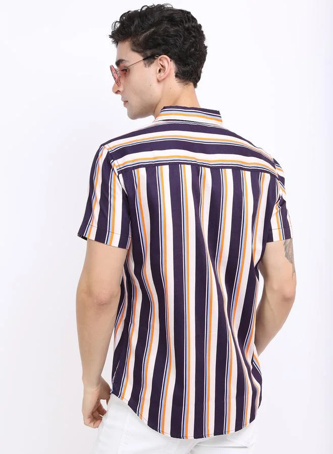 HIGHLANDER Striped Chest Pocket Detail Shirt with Short Sleeves by Styli