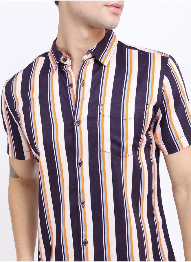 HIGHLANDER Striped Chest Pocket Detail Shirt with Short Sleeves by Styli