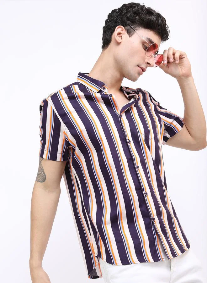 HIGHLANDER HIGHLANDER Striped Chest Pocket Detail Shirt with Short Sleeves