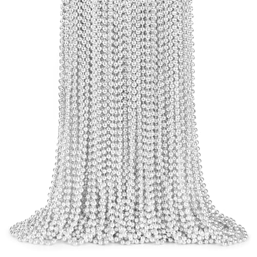 ZYFLSQ 100 Pcs 33 7mm Metallic Silver Beads Necklaces Bulk Mardi Gras Beaded Necklaces Party Beads Costume Necklaces Silver - Image 1