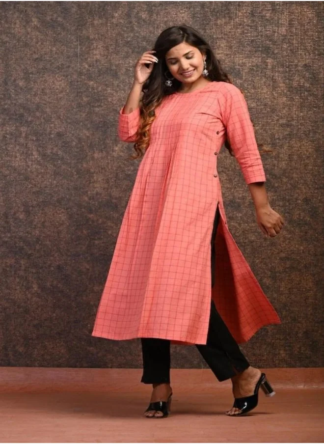 زيري سوق Coral Plaid Cotton Kurta Dress