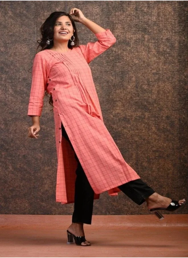 زيري سوق Coral Plaid Cotton Kurta Dress