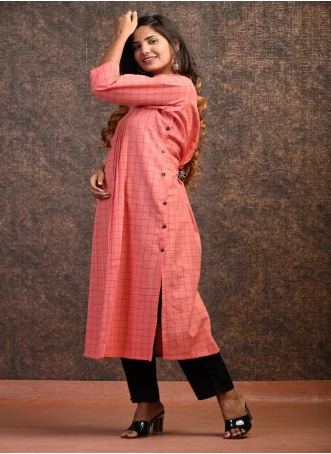 زيري سوق Coral Plaid Cotton Kurta Dress