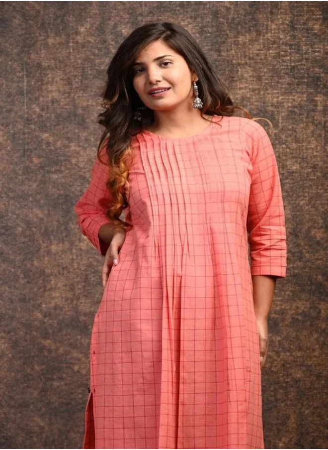 زيري سوق Coral Plaid Cotton Kurta Dress