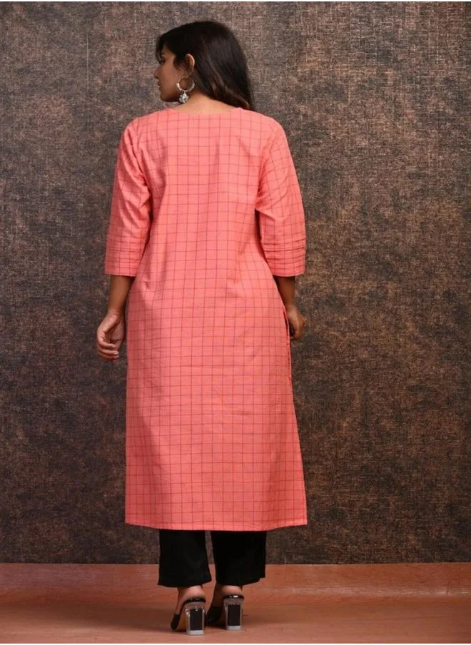 زيري سوق Coral Plaid Cotton Kurta Dress