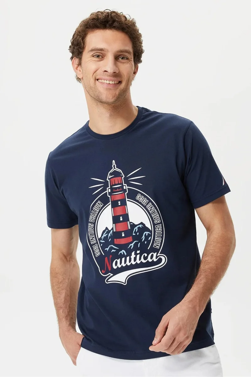 نوتيكا Cotton Logo Printed Crew Neck Standard Fit T Shirt Men's T Shirt V35531T 4Nv