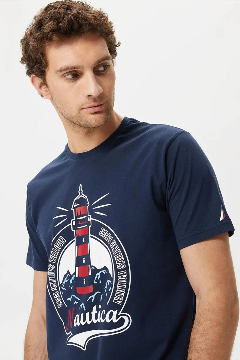 نوتيكا Cotton Logo Printed Crew Neck Standard Fit T Shirt Men's T Shirt V35531T 4Nv