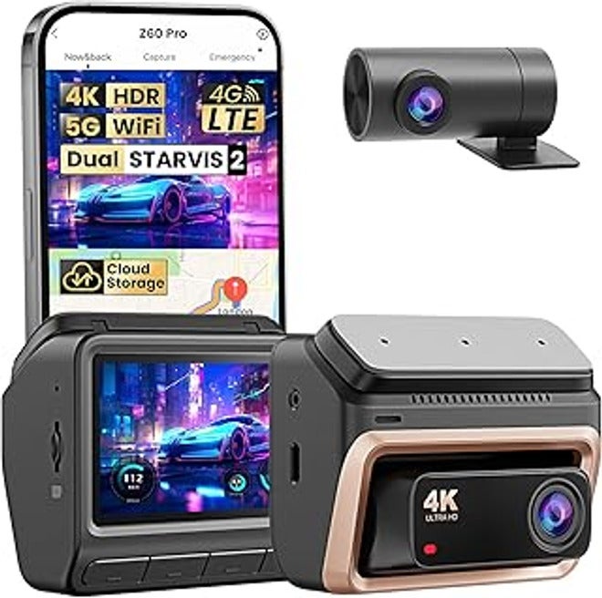 كاميرا داش أمامية وخلفية 4K+1080 بكسل، 2 مستشعر ستارفيس مزدوج، واي فاي 5G GPS، ببطاقة اي ام ام سي 32 جيجا، رؤية ليلية، IPS 3 بوصة، HDR، ADAS، وضع وقوف 24 ساعة، مقياس تسارع، Z60 برو