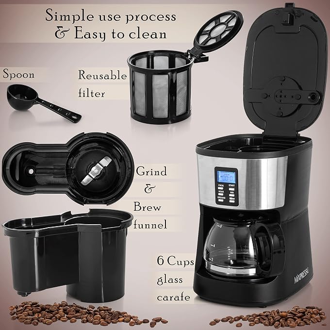 Mixpresso 5-Cup Drip Coffee Maker, Automatic Brew Coffee Pot Machine with Built-In Burr Coffee Grinder, Programmable Smart Coffee Maker with Timer With Glass Carafe Coffee Pot - Image 3