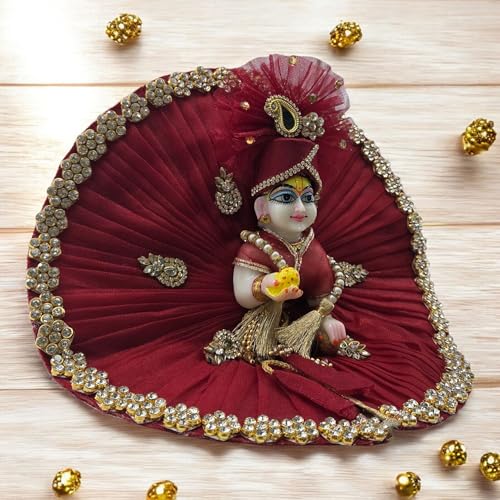 Vrindavanstore.in Janmashtami Special Maroon & Golden Laddu Gopal Poshak Set – Premium Dress with Golden Patchwork, Pagdi, Patka & Choli for Kanha Ji/Krishna Ji/Thakur Ji (Size No- 04) - Image 5