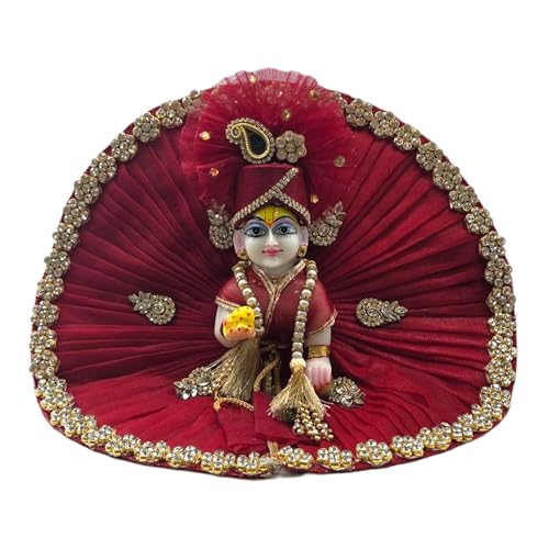 Vrindavanstore.in Janmashtami Special Maroon & Golden Laddu Gopal Poshak Set – Premium Dress with Golden Patchwork, Pagdi, Patka & Choli for Kanha Ji/Krishna Ji/Thakur Ji (Size No- 04) - Image 1