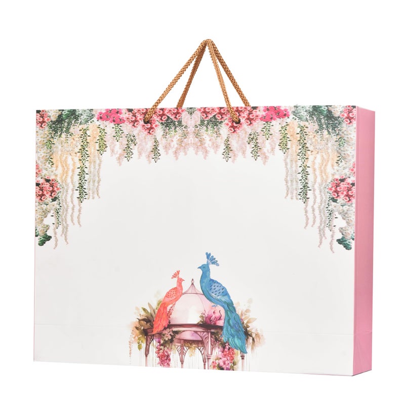 PPJ ® - WEDDING PEACOCK PAIR (10 Pcs.) PAPER CARRY BAG, 14 Inch X 10 Inch X 4 Inch for DIWALI/WEDDING/FUNCTION/BIRTHDAY/RETURN GIFTS/CHRISTMAS/GIFT BAGS/GIFT COVERS (Pack of 10) - Image 1