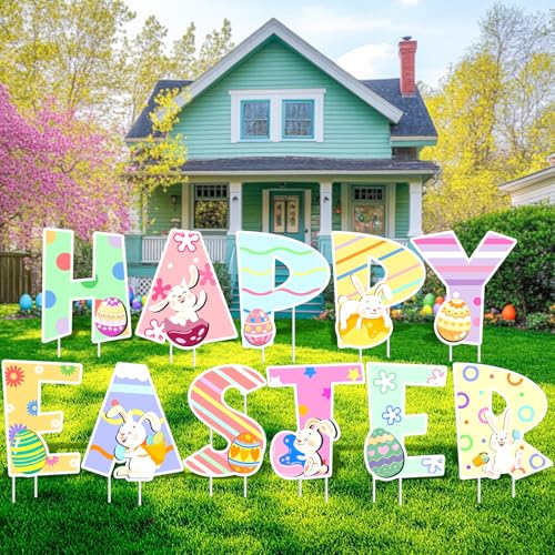 GRMIKBU Cute Easter Decorations Outdoor Yard Signs,Large Yard Stakes Signs Eggs,Easter Lawn Decoration for Family Friendly Kids Home Party Plastic Easter Yard Stakes - Image 1