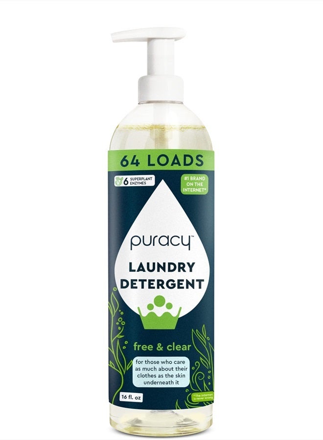 puracy Liquid Enzyme Laundry Detergent -1,4 Dioxane Free, Natural, Scent-Free Gentle Laundry Detergent Liquid Concentrate Laundry Pouch with Stain Fighting Enzymes (Free & Clear, 16 fl oz, 64 Loads)  - Image 1