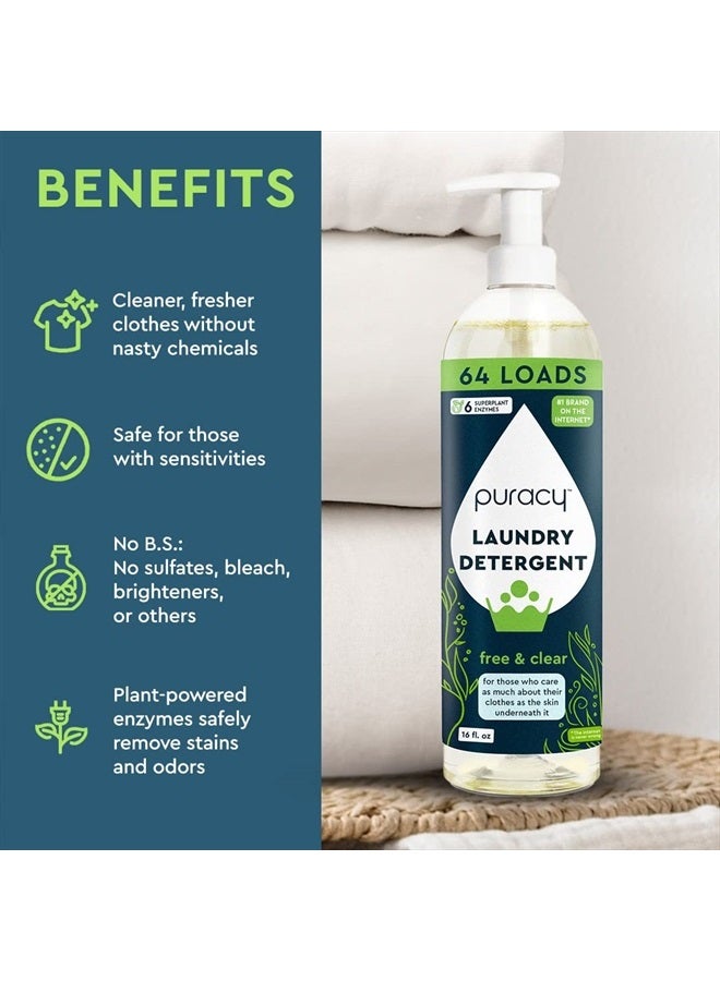 puracy Liquid Enzyme Laundry Detergent -1,4 Dioxane Free, Natural, Scent-Free Gentle Laundry Detergent Liquid Concentrate Laundry Pouch with Stain Fighting Enzymes (Free & Clear, 16 fl oz, 64 Loads)  - Image 2