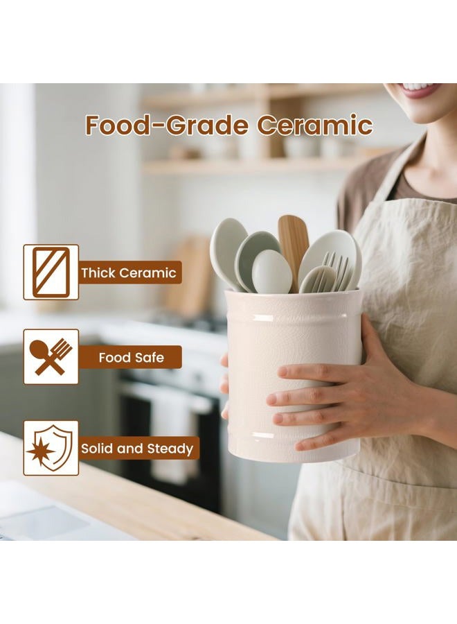SZUAH Kitchen Utensil Holder, Larger Ceramic Utensil Crock for Kitchen Counter top & Dining Table (Cream, 5.9" x 5.9" x 6.7") - Image 2