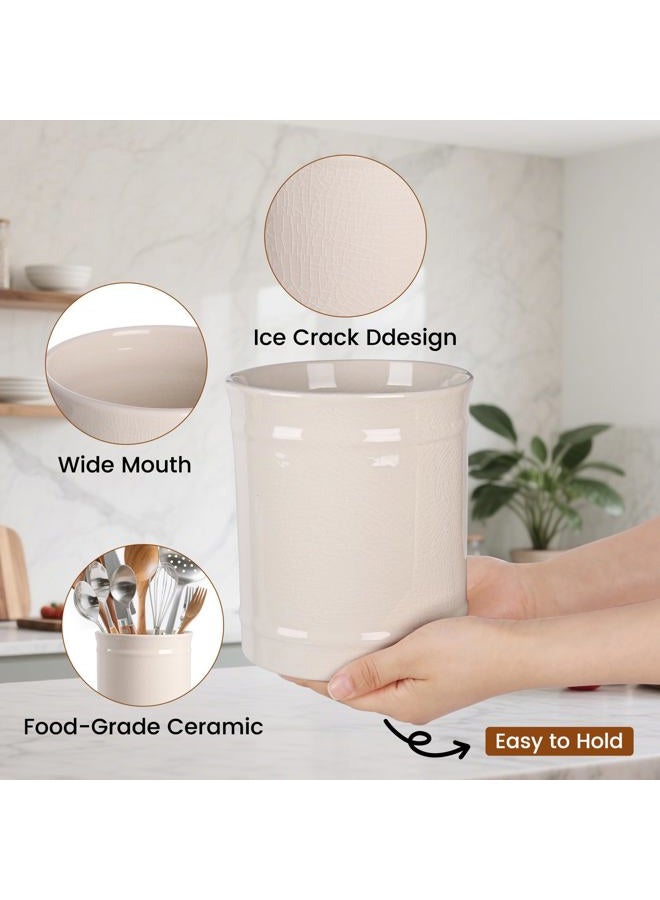 SZUAH Kitchen Utensil Holder, Larger Ceramic Utensil Crock for Kitchen Counter top & Dining Table (Cream, 5.9" x 5.9" x 6.7") - Image 5