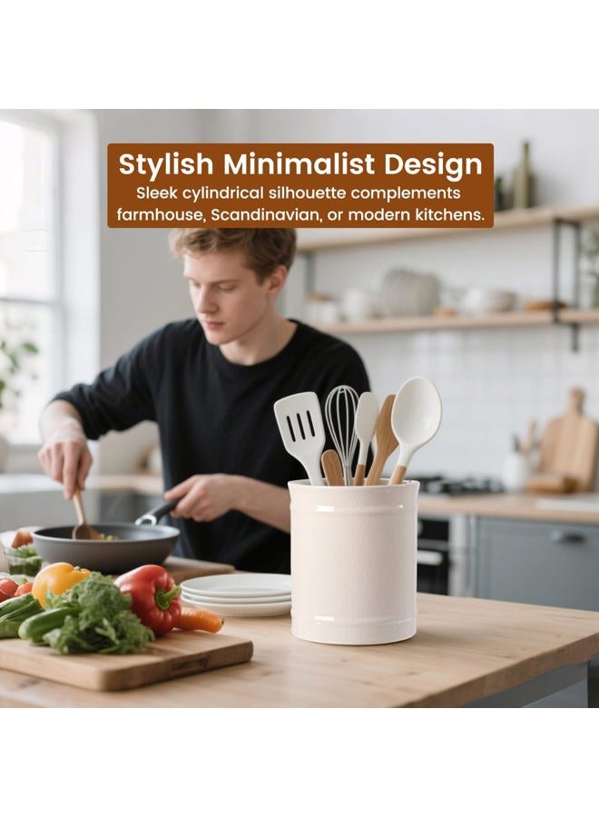 SZUAH Kitchen Utensil Holder, Larger Ceramic Utensil Crock for Kitchen Counter top & Dining Table (Cream, 5.9" x 5.9" x 6.7") - Image 4