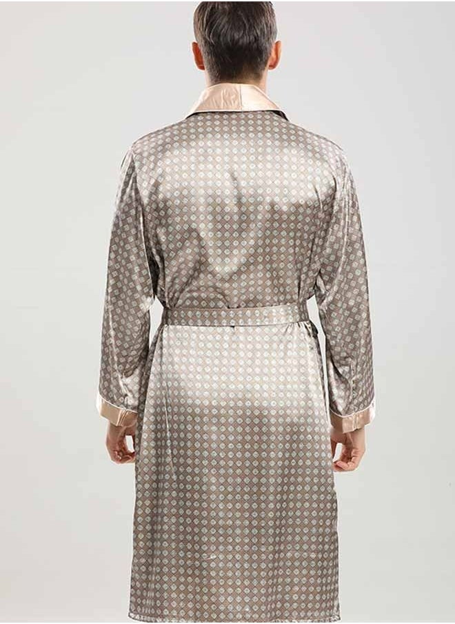 Ocean - Men's Polyester Long Sleeved Nightgown (Khaki), Modern Style V-Neck Print Design, with Simple Pockets, Essential Pajamas for Business Trips and Home Wear - Image 1