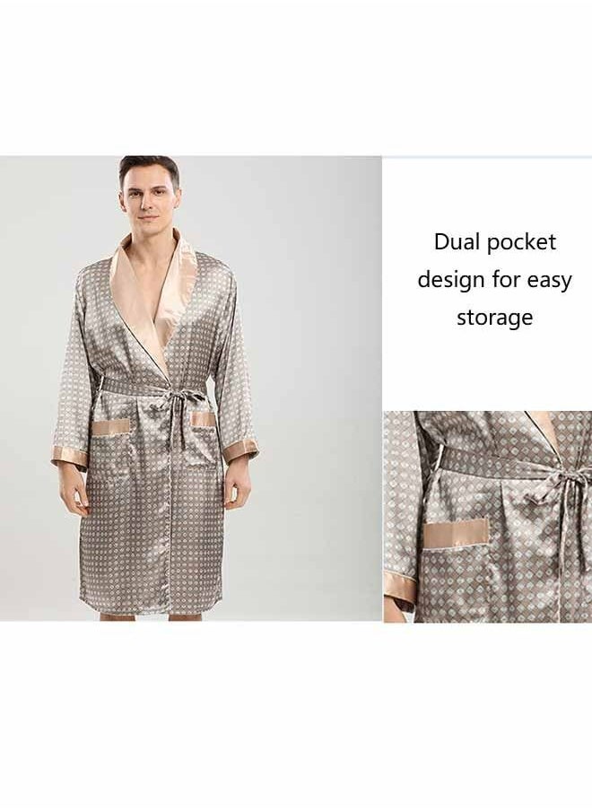 Ocean - Men's Polyester Long Sleeved Nightgown (Khaki), Modern Style V-Neck Print Design, with Simple Pockets, Essential Pajamas for Business Trips and Home Wear - Image 1