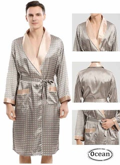 Men's Polyester Long Sleeved Nightgown (Khaki), Modern Style V-Neck Print Design, with Simple Pockets, Essential Pajamas for Business Trips and Home Wear