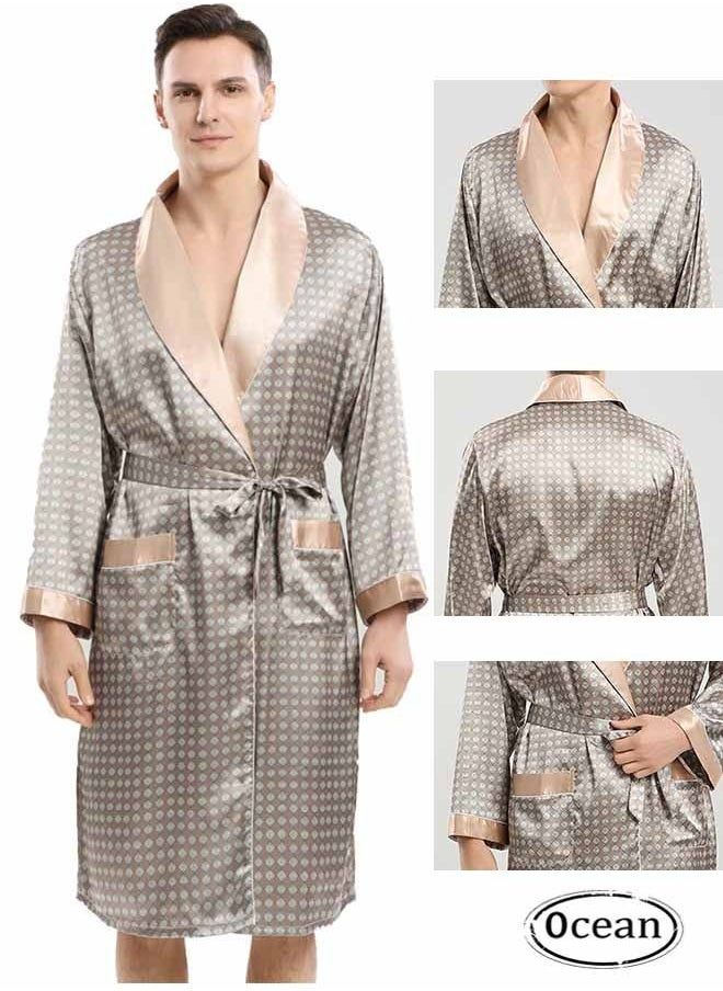 Ocean - Men's Polyester Long Sleeved Nightgown (Khaki), Modern Style V-Neck Print Design, with Simple Pockets, Essential Pajamas for Business Trips and Home Wear - Image 1