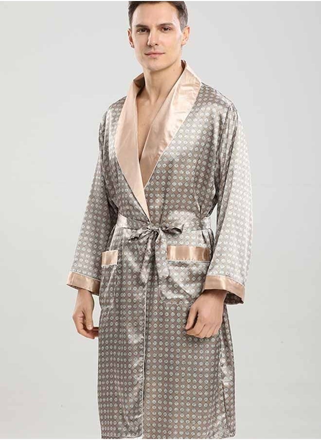 Ocean - Men's Polyester Long Sleeved Nightgown (Khaki), Modern Style V-Neck Print Design, with Simple Pockets, Essential Pajamas for Business Trips and Home Wear - Image 1