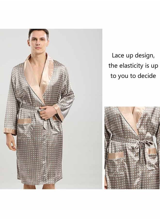 Ocean - Men's Polyester Long Sleeved Nightgown (Khaki), Modern Style V-Neck Print Design, with Simple Pockets, Essential Pajamas for Business Trips and Home Wear - Image 1