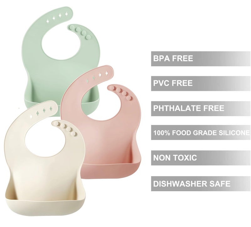 PandaEar Silicone Baby Bibs Set of 3 for Toddlers, BPA Free Waterproof Adjustable Feeding Bib with Large Pocket Food Catcher (Pink) - Image 3