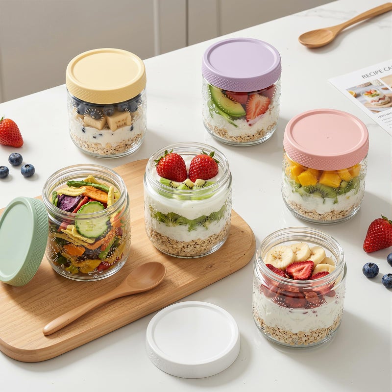 GYOSUGANG 6 pack 16 oz Overnight Oats Containers with Lids, Glass Food Storage Container, Airtight Salad Jars, Mason Jars for Overnight Oats, Yogurt, Oatmeal, Salad, Coffee, Spices - Image 2